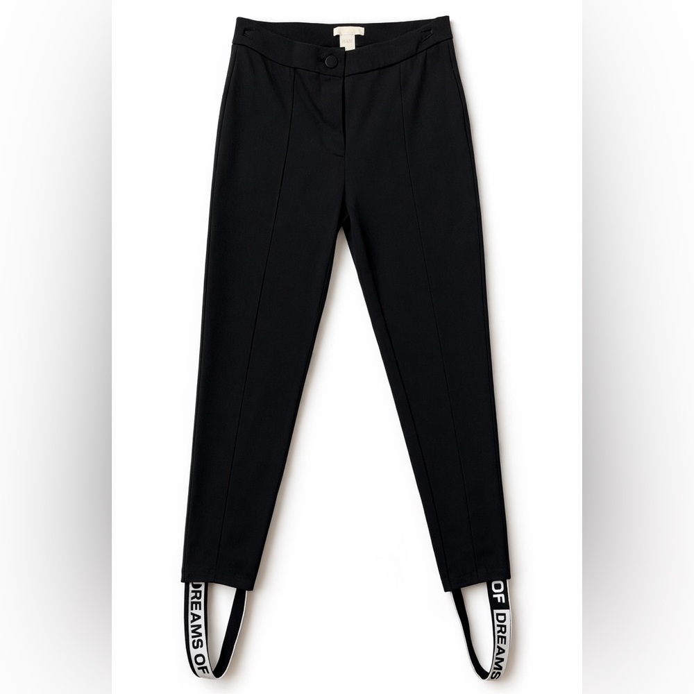 H&M Stirrup Pants Black Stretch Slim Leg Graphic “Dreams Of” Straps Size 10